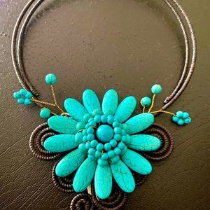 sold Necklace in wire and Beaded With Reconstructed Light Green Turquoise Flower